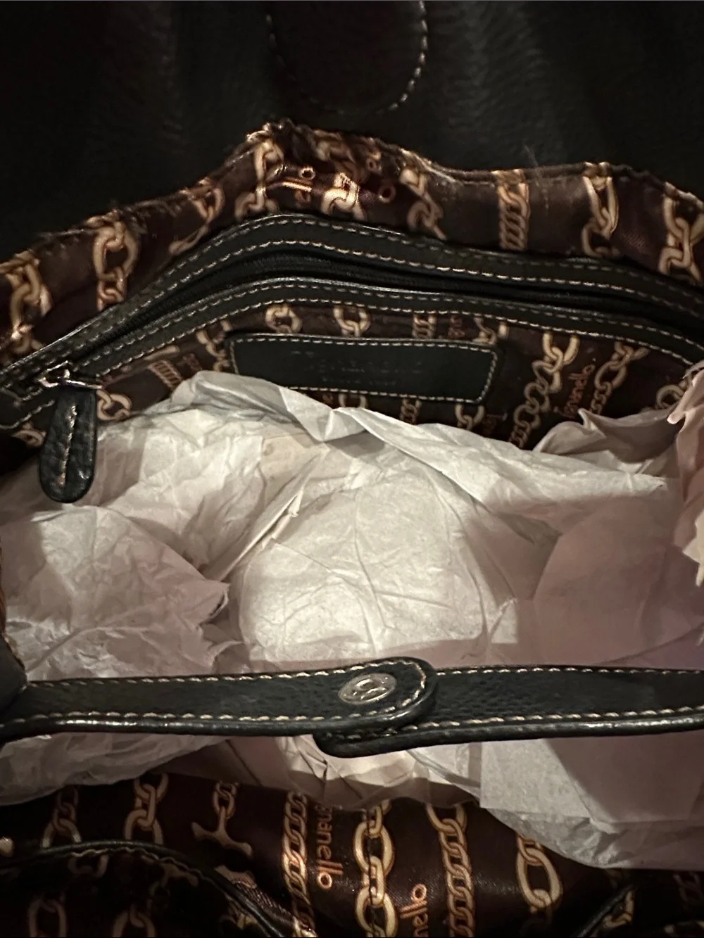 Tignanello Black Pebbled Leather Satchel with Silver Hardware